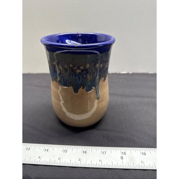 Handcrafted Left Handed Ceramic Mug With Blue Glaze & Tan Base - Picture 3 of 7